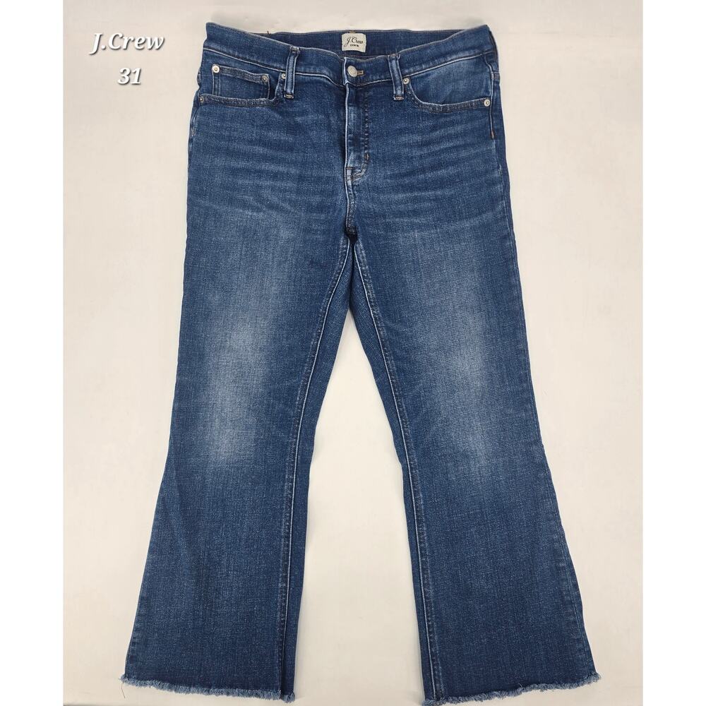 J Crew Billie Demi Boot Crop Jeans 31 Mid Rise Raw Hem Flare Medium Wash Denim